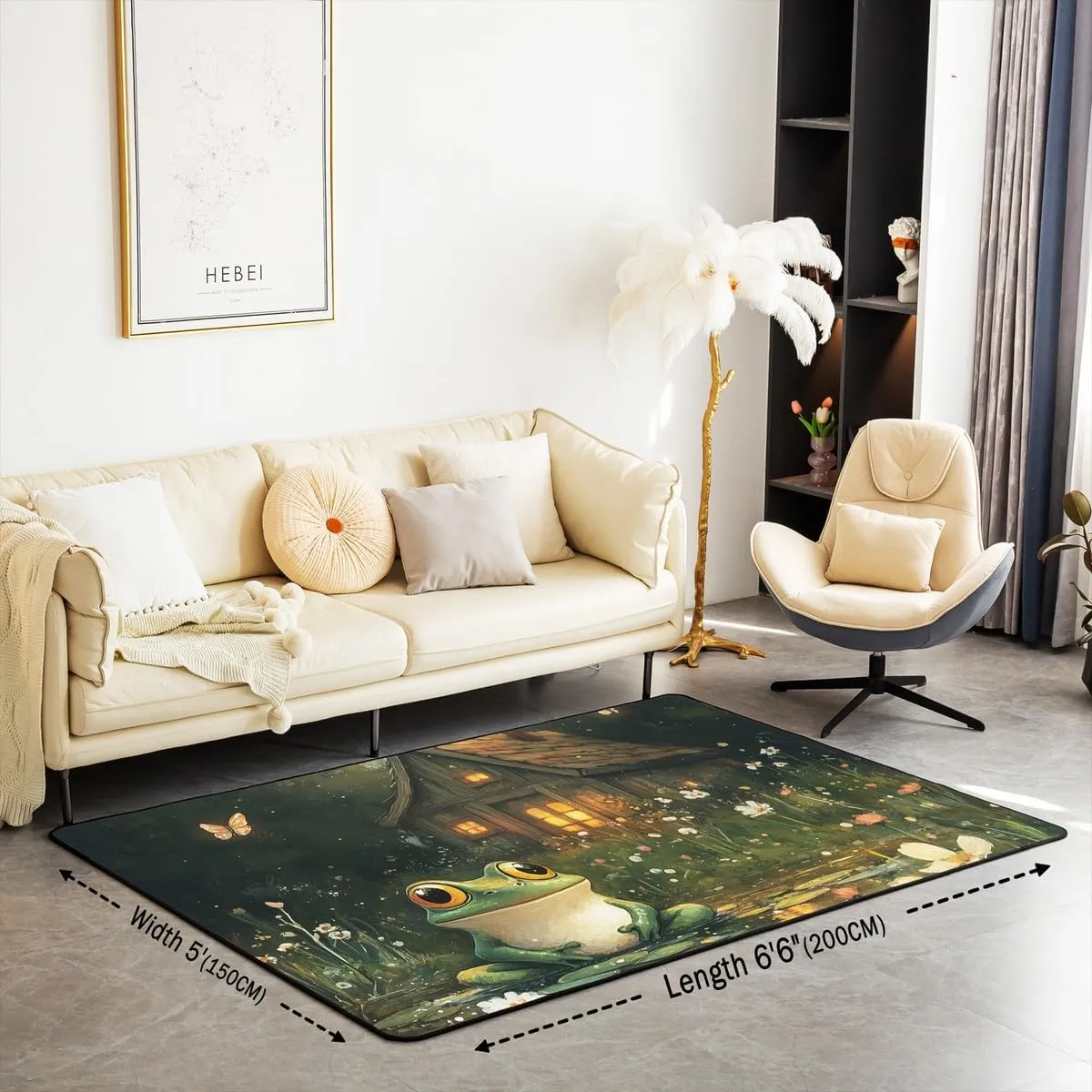 Lodge Frog Area Rug 3'x5',Rustic Cabin Jungle Wild Animal Starry Decorative Rug for Bedroom Playroom Backyard,Nature Daisy Flowers Lake Lotus Leaves Non Slip Carpet for Kids Adults