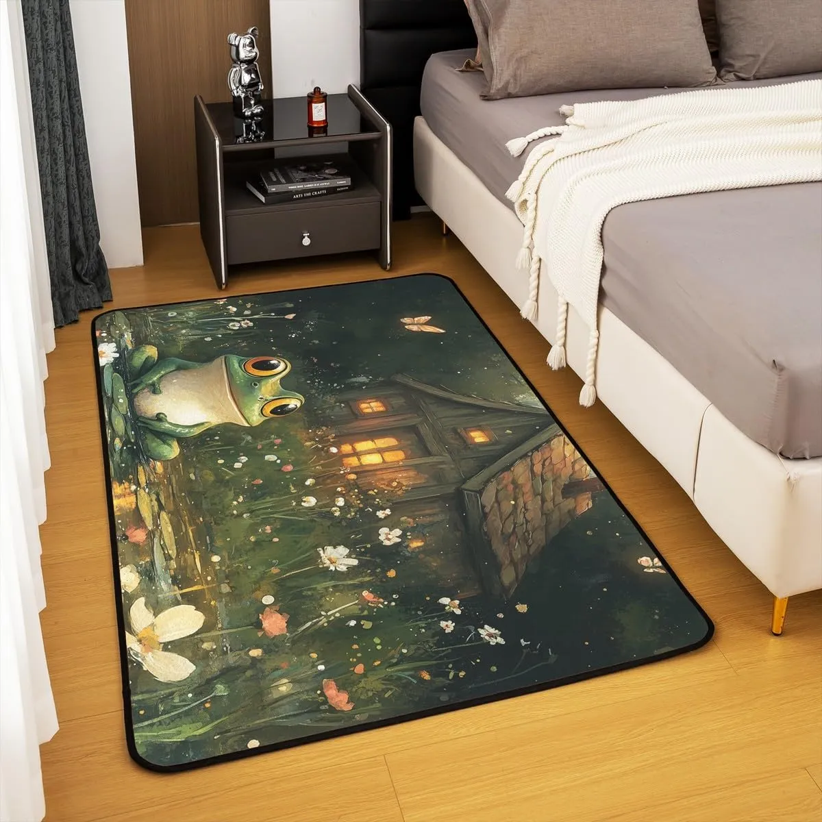 Lodge Frog Area Rug 3'x5',Rustic Cabin Jungle Wild Animal Starry Decorative Rug for Bedroom Playroom Backyard,Nature Daisy Flowers Lake Lotus Leaves Non Slip Carpet for Kids Adults