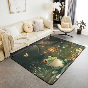 Lodge Frog Area Rug 3'x5',Rustic Cabin Jungle Wild Animal Starry Decorative Rug for Bedroom Playroom Backyard,Nature Daisy Flowers Lake Lotus Leaves Non Slip Carpet for Kids Adults