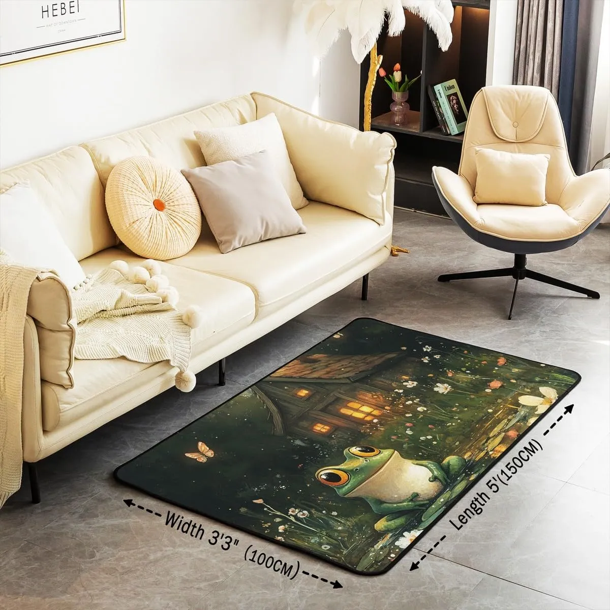 Lodge Frog Area Rug 3'x5',Rustic Cabin Jungle Wild Animal Starry Decorative Rug for Bedroom Playroom Backyard,Nature Daisy Flowers Lake Lotus Leaves Non Slip Carpet for Kids Adults