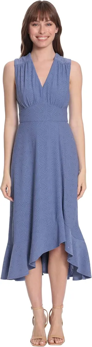 London Times Women's Sleeveless V-Neck Hi-Low Fit and Flare Dress