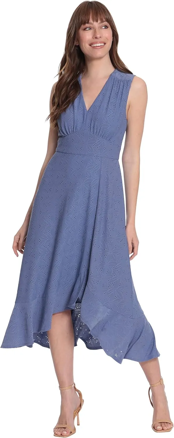 London Times Women's Sleeveless V-Neck Hi-Low Fit and Flare Dress