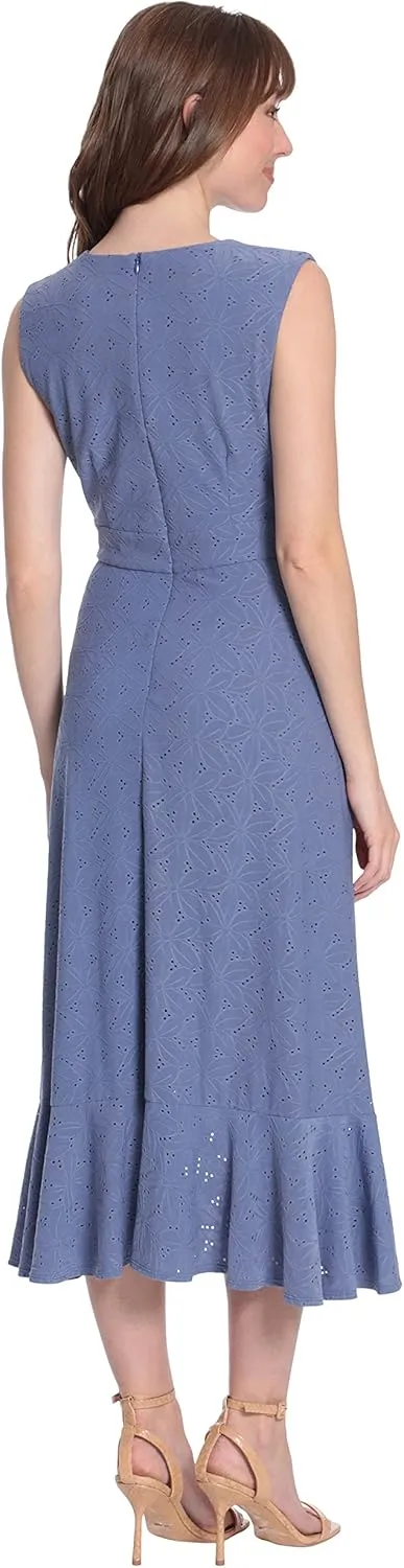 London Times Women's Sleeveless V-Neck Hi-Low Fit and Flare Dress