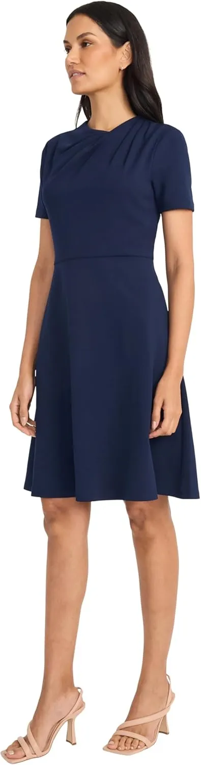 Maggy London Women's A-line Short Sleeve Gathered Neckline Knee Length Business Casual Cocktail Wedding Guest Dress