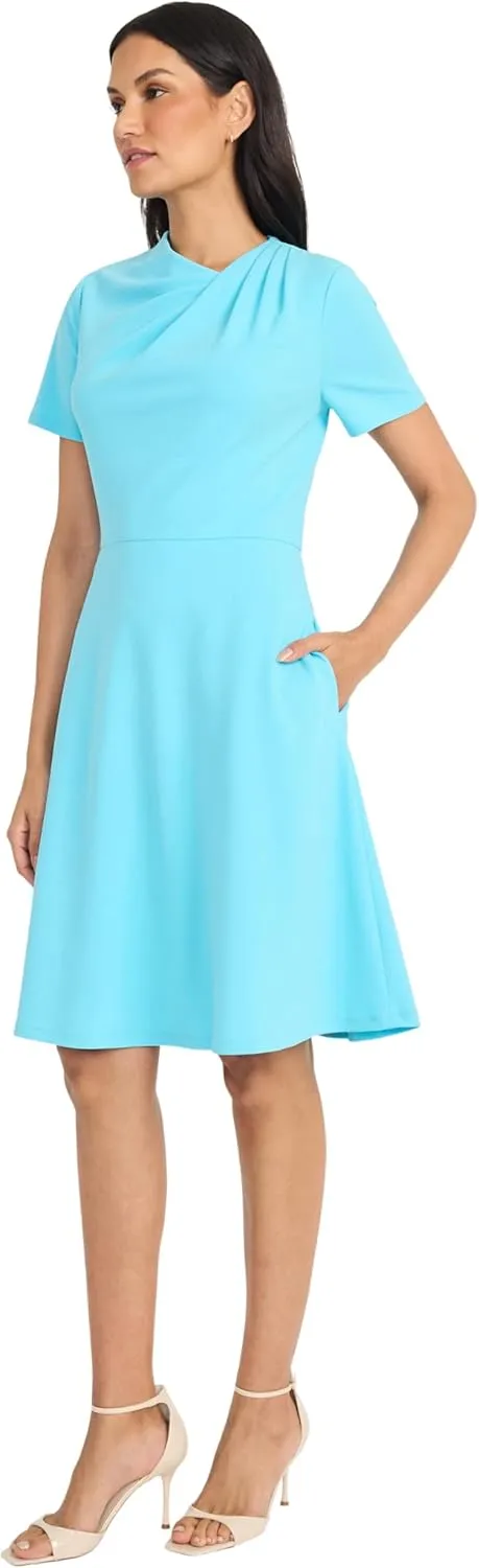 Maggy London Women's A-line Short Sleeve Gathered Neckline Knee Length Business Casual Cocktail Wedding Guest Dress