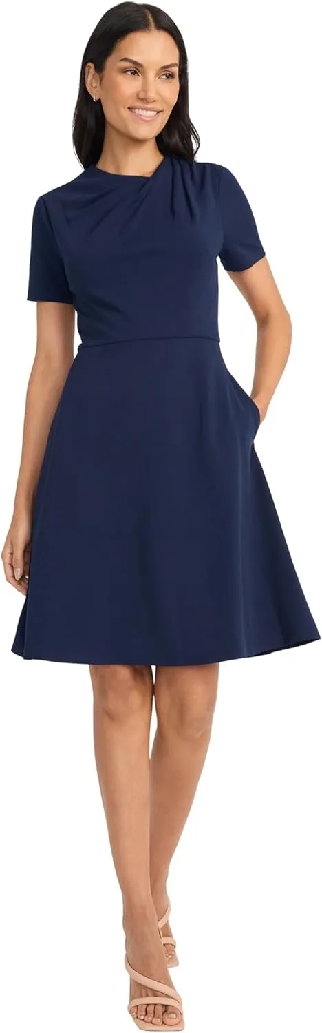 Maggy London Women's A-line Short Sleeve Gathered Neckline Knee Length Business Casual Cocktail Wedding Guest Dress