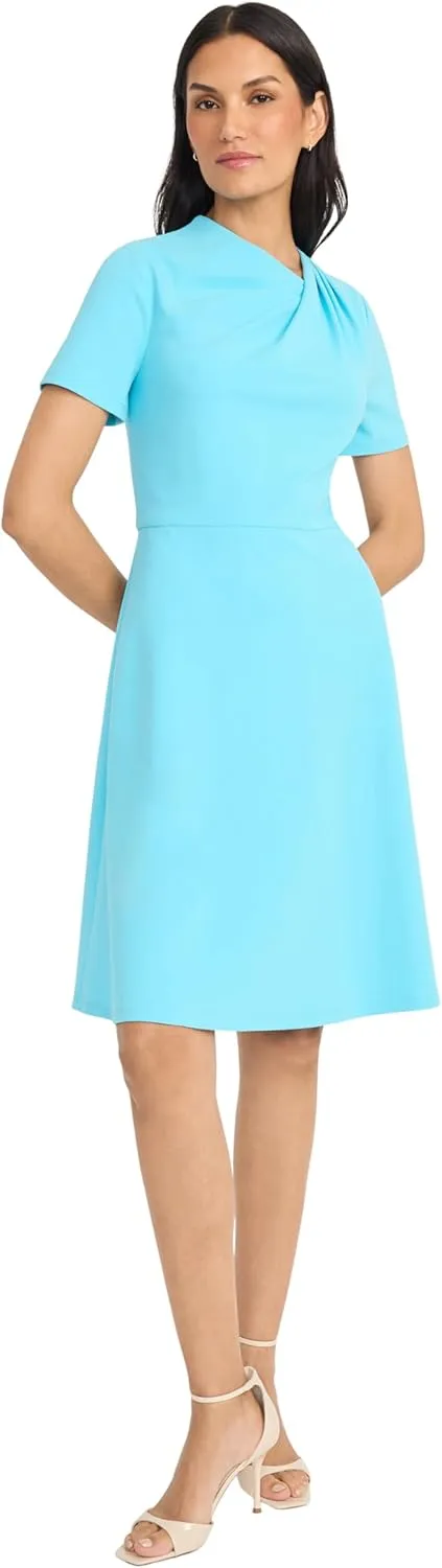 Maggy London Women's A-line Short Sleeve Gathered Neckline Knee Length Business Casual Cocktail Wedding Guest Dress