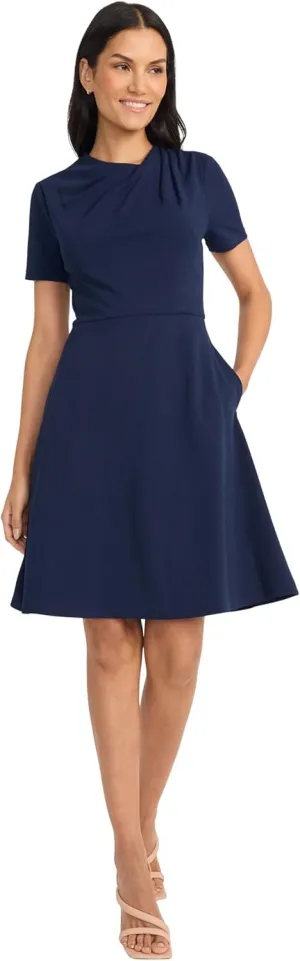 Maggy London Women's A-line Short Sleeve Gathered Neckline Knee Length Business Casual Cocktail Wedding Guest Dress