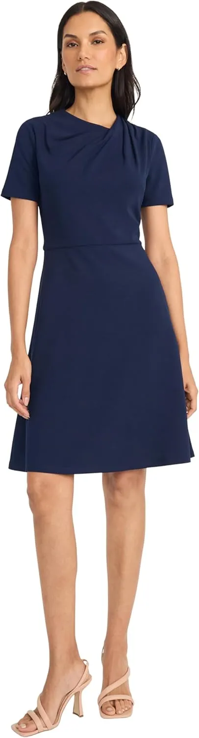 Maggy London Women's A-line Short Sleeve Gathered Neckline Knee Length Business Casual Cocktail Wedding Guest Dress