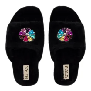 Marnie Black Luxury Plush Diamanté Embellished Handmade Slipper