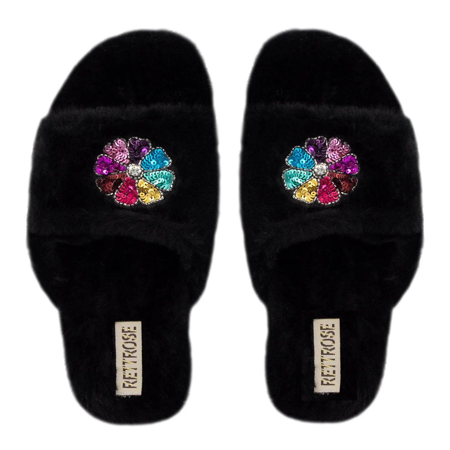 Marnie Black Luxury Plush Diamanté Embellished Handmade Slipper