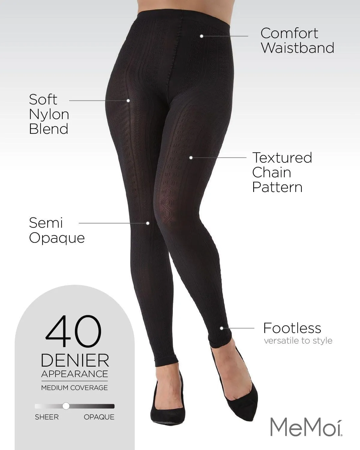 MeMoi Textured Semi-Opaque Footless Tights, Control Top Smoothing Tights for Women, 40 Denier - Sizes Small to Q2