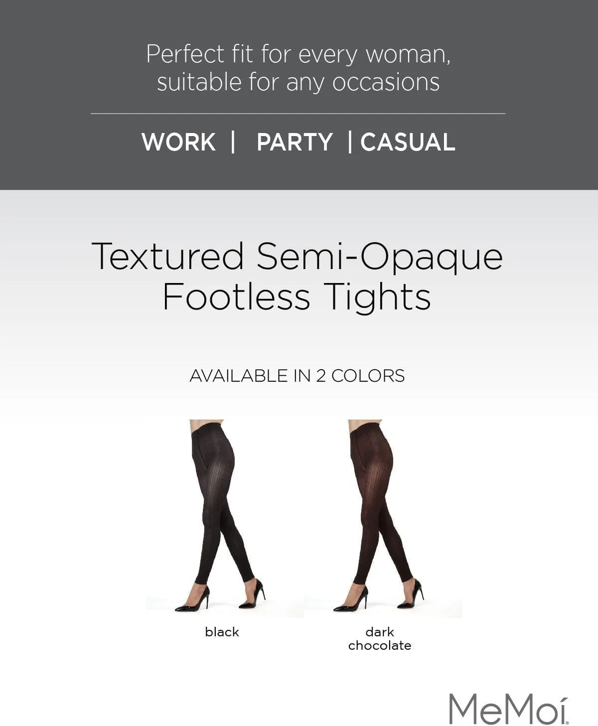MeMoi Textured Semi-Opaque Footless Tights, Control Top Smoothing Tights for Women, 40 Denier - Sizes Small to Q2