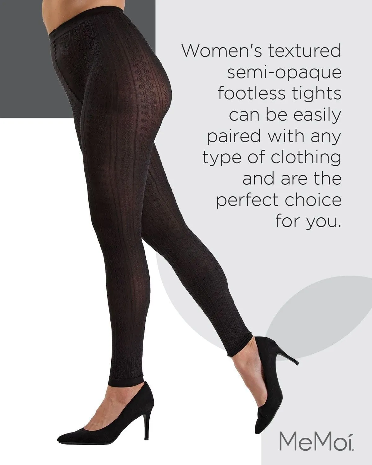 MeMoi Textured Semi-Opaque Footless Tights, Control Top Smoothing Tights for Women, 40 Denier - Sizes Small to Q2