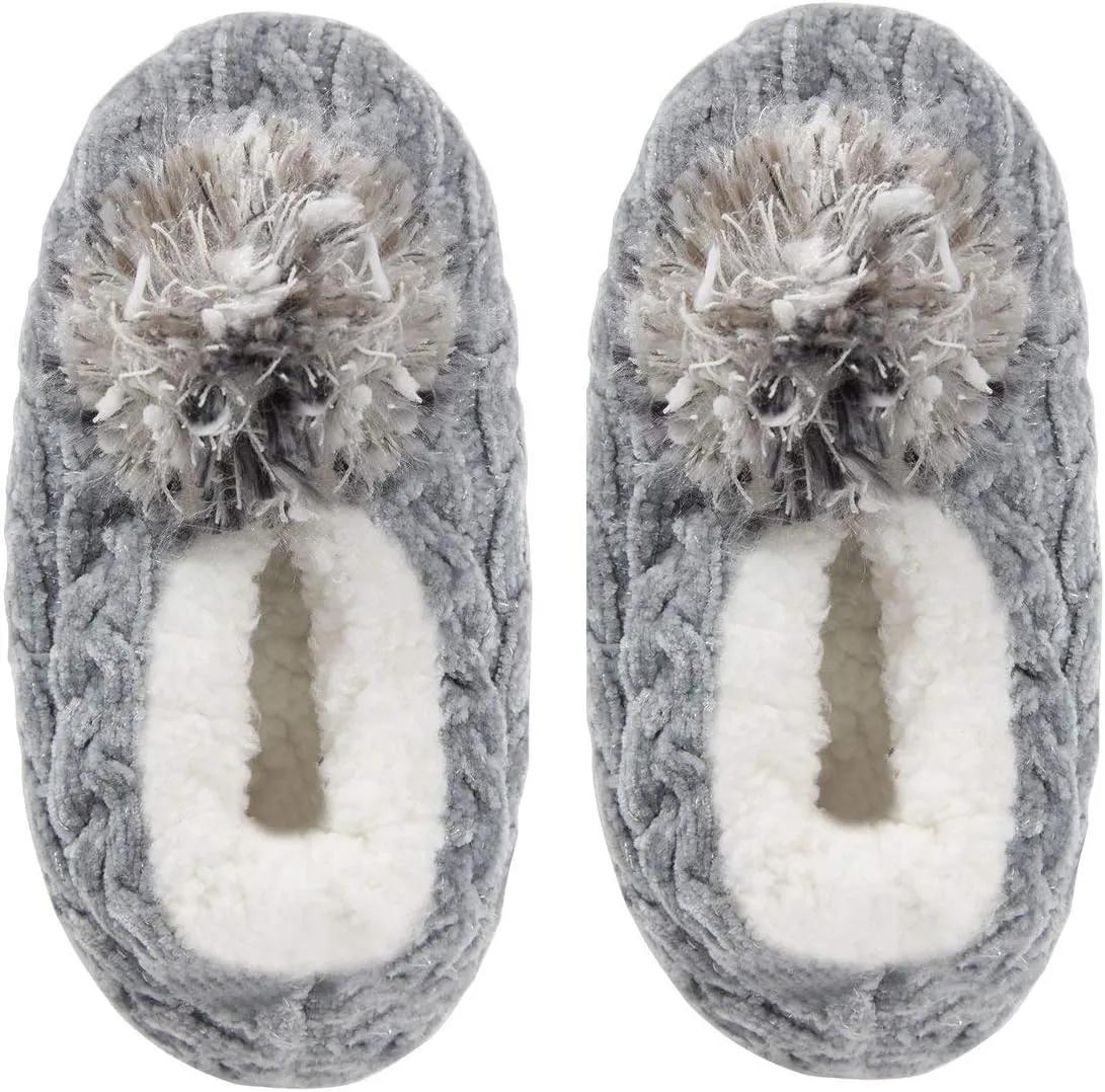 MeMoi Women's Plush Pom-Pom Chenille Cable Knit Slippers