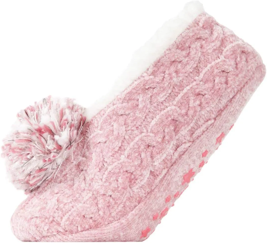 MeMoi Women's Plush Pom-Pom Chenille Cable Knit Slippers
