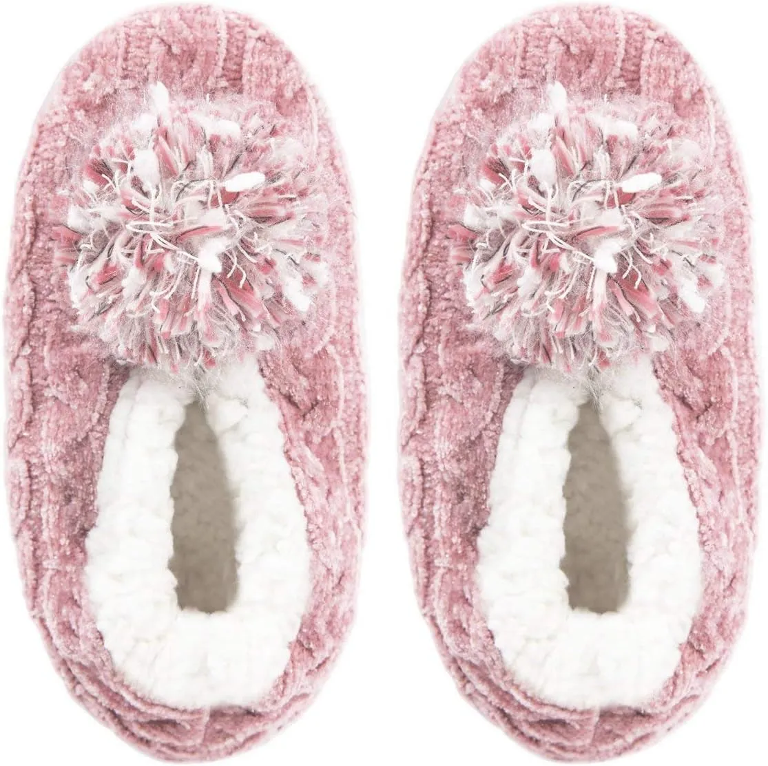 MeMoi Women's Plush Pom-Pom Chenille Cable Knit Slippers