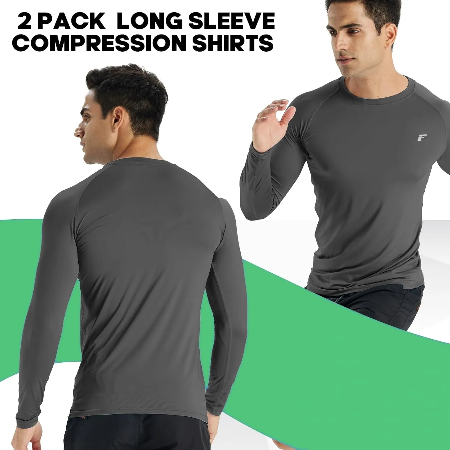 Mens 2-Pack Long Sleeve Sun Protection Cooling Shirts with UPF 50 , Quick Dry for Fitness Running & Outdoor Activity