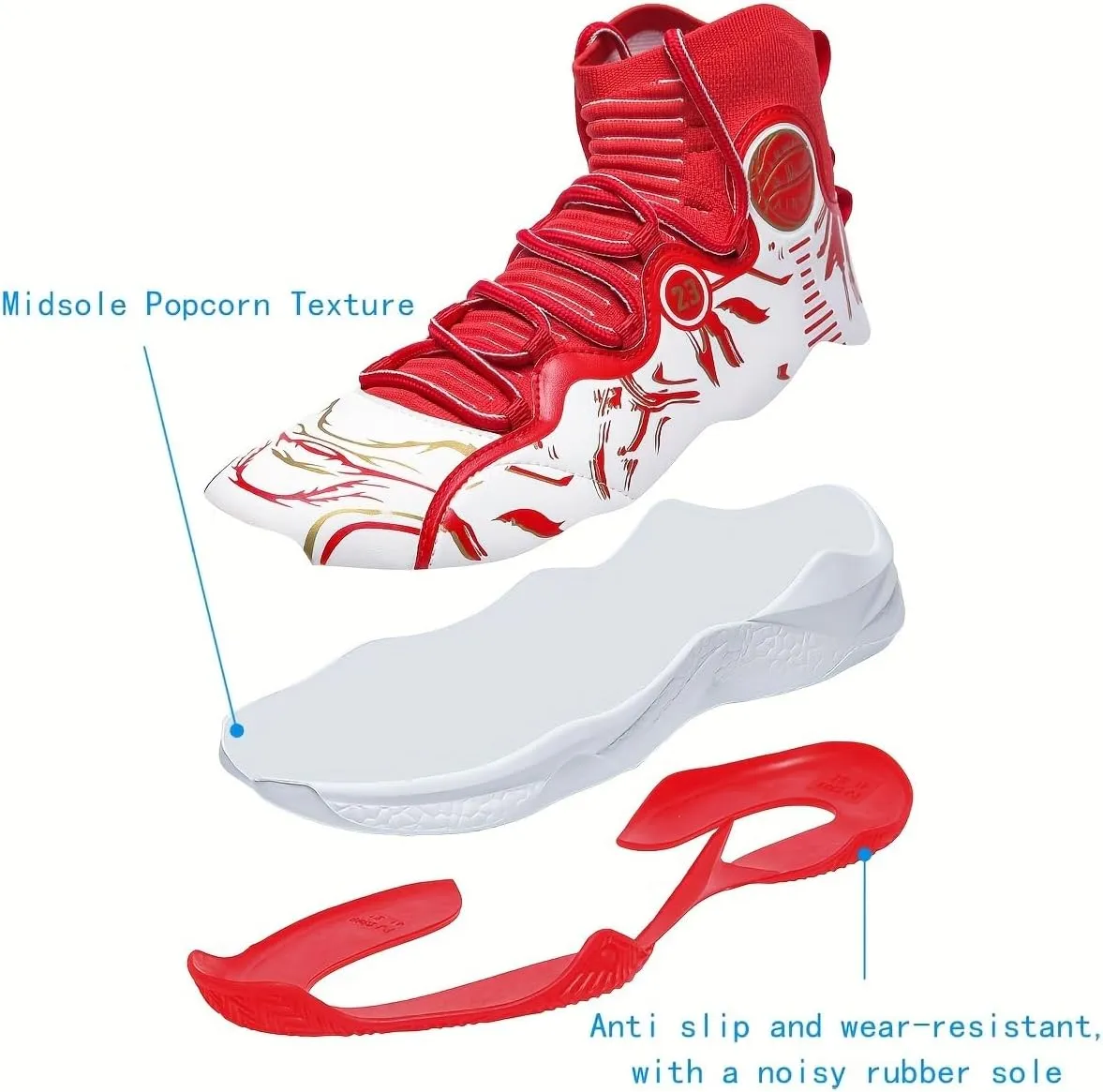 Men's High-Top Basketball Sneakers - Breathable, Non-Slip Rubber Sole with Shock Absorption, Durable & Stylish for Running and Casual Wear