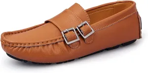 Mens Loafers Monk Strap Vegan Leather Stitching Details Round Toe Slip Resistant Anti-Slip Flat Heel Party Fashion Slip-on