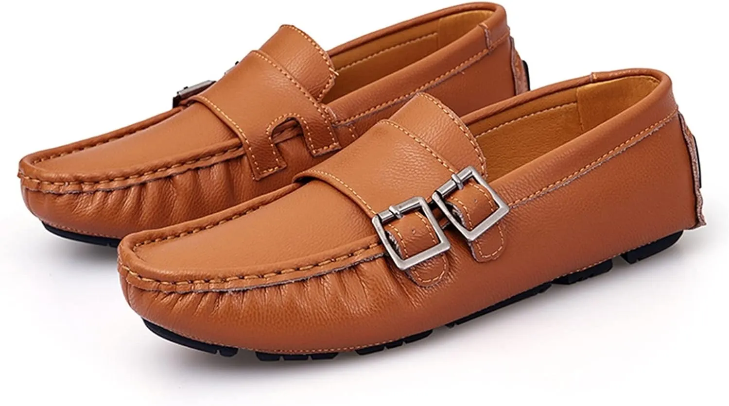 Mens Loafers Monk Strap Vegan Leather Stitching Details Round Toe Slip Resistant Anti-Slip Flat Heel Party Fashion Slip-on