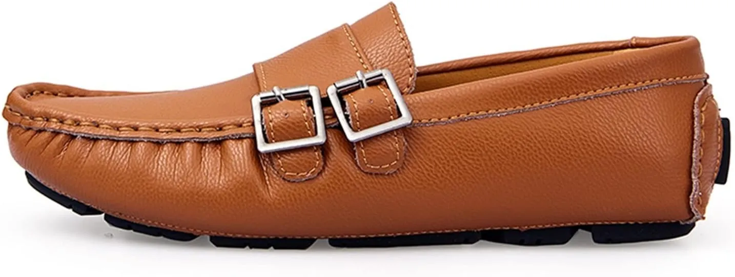 Mens Loafers Monk Strap Vegan Leather Stitching Details Round Toe Slip Resistant Anti-Slip Flat Heel Party Fashion Slip-on