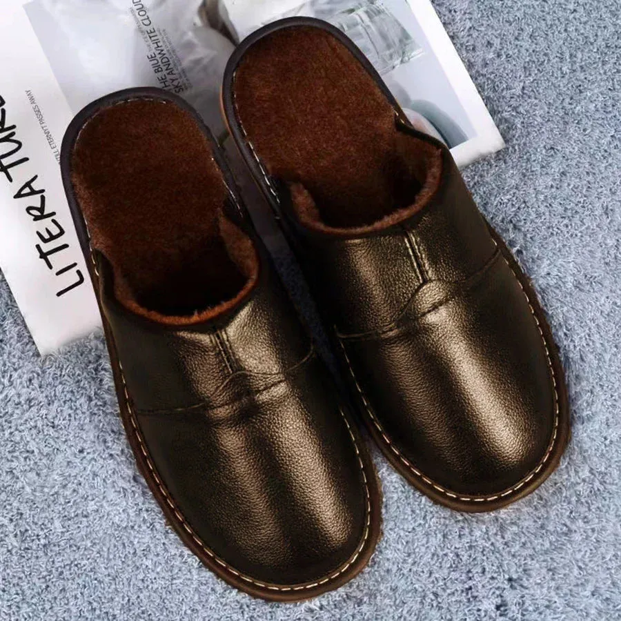 Mens Slippers Winter Leather Indoor Slipper