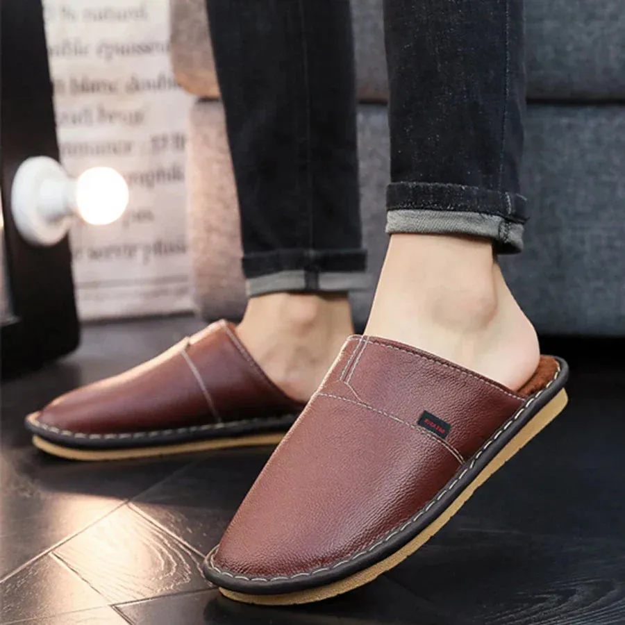 Mens Slippers Winter Leather Indoor Slipper