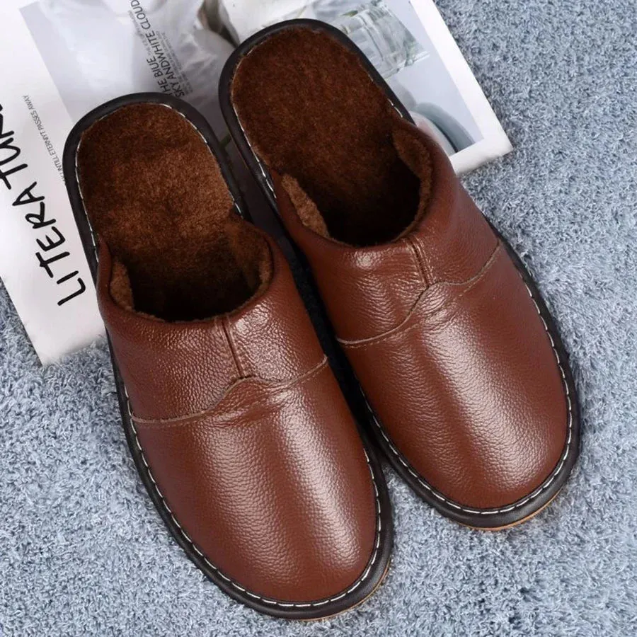 Mens Slippers Winter Leather Indoor Slipper
