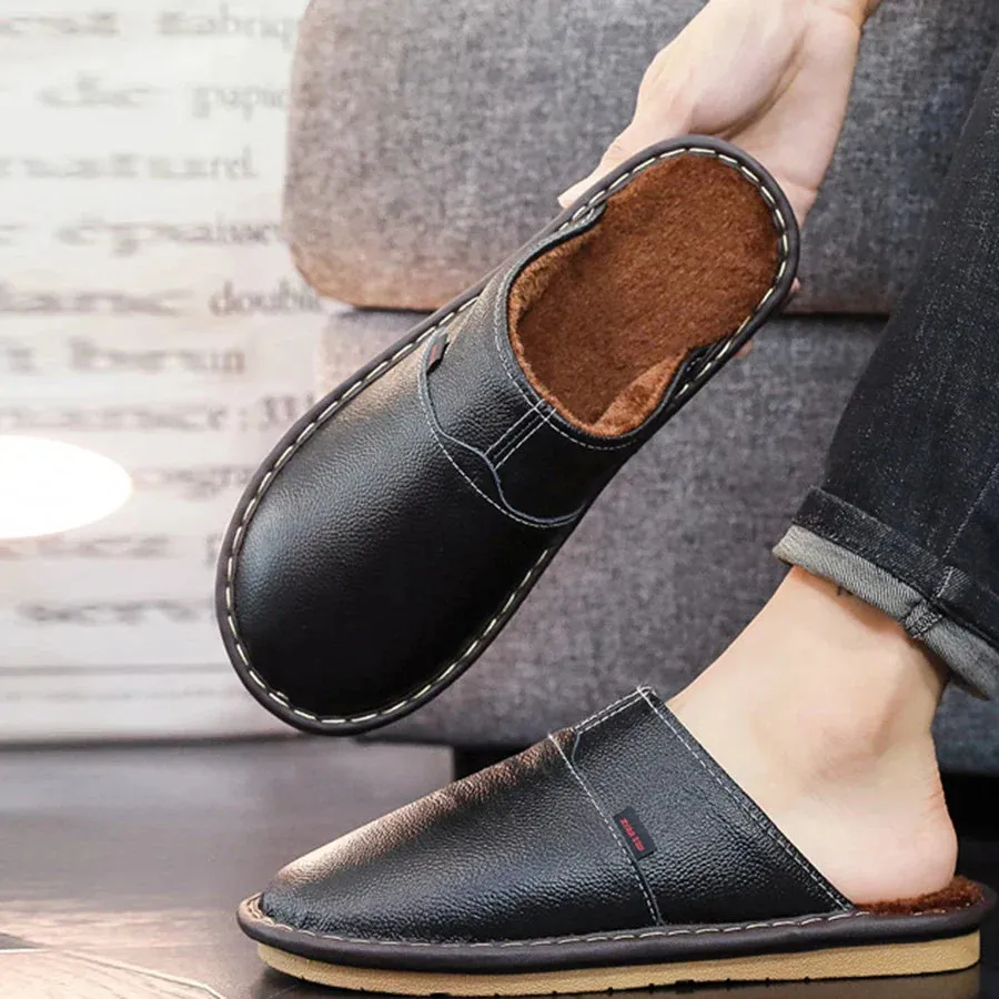 Mens Slippers Winter Leather Indoor Slipper
