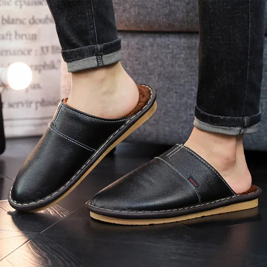 Mens Slippers Winter Leather Indoor Slipper