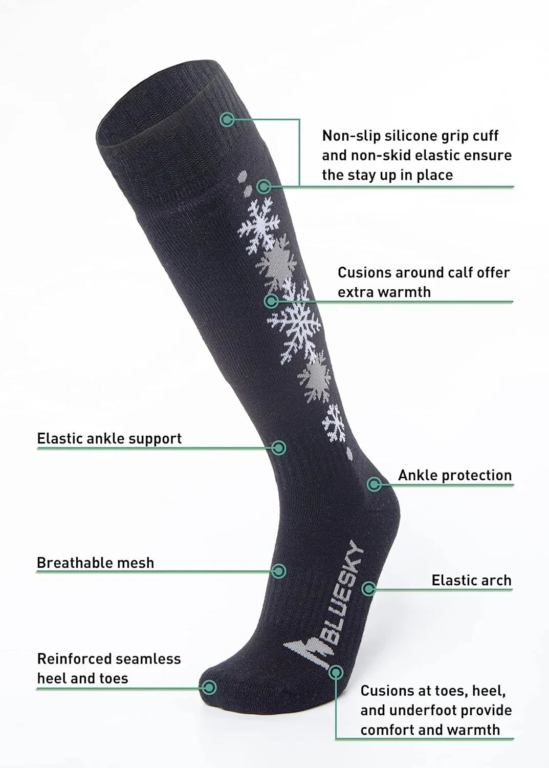 Merino Wool Ski Socks/Hiking Socks for Men&Women, Snowflake