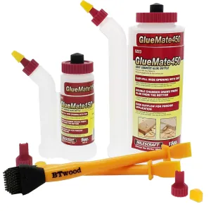 Milescraft 5223 Glue Mate 450-15oz. (450ml)   Milescraft 5222 Glue Mate 150-5oz. (150ml) - Precision Wood Glue Bottle - Anti-Drip Also Includes One Set of Two Silicone Glue Brushes of 1" and 1/2"