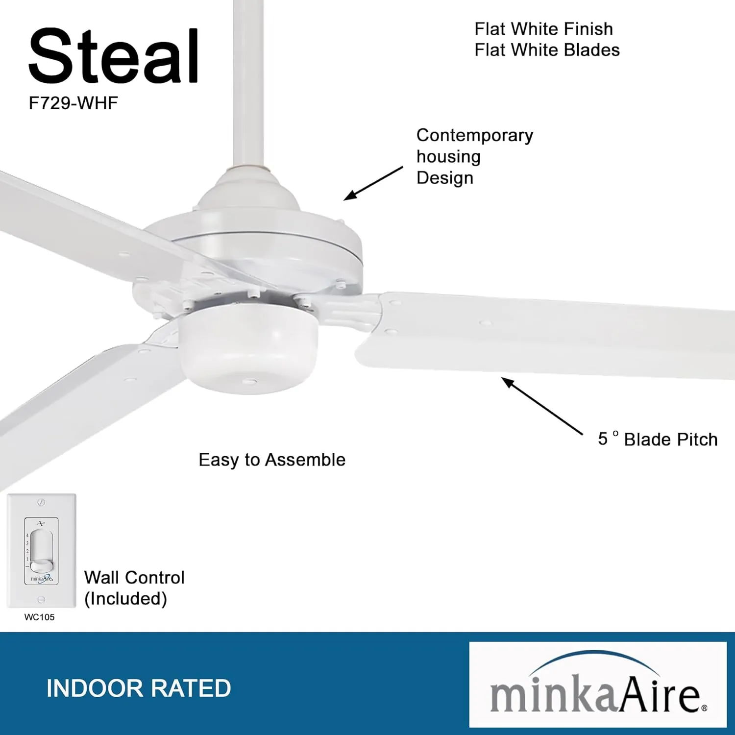 MINKA-AIRE F729-WHF Steal 54 Inch 3 Blade Ceiling Fan in Flat White Finish