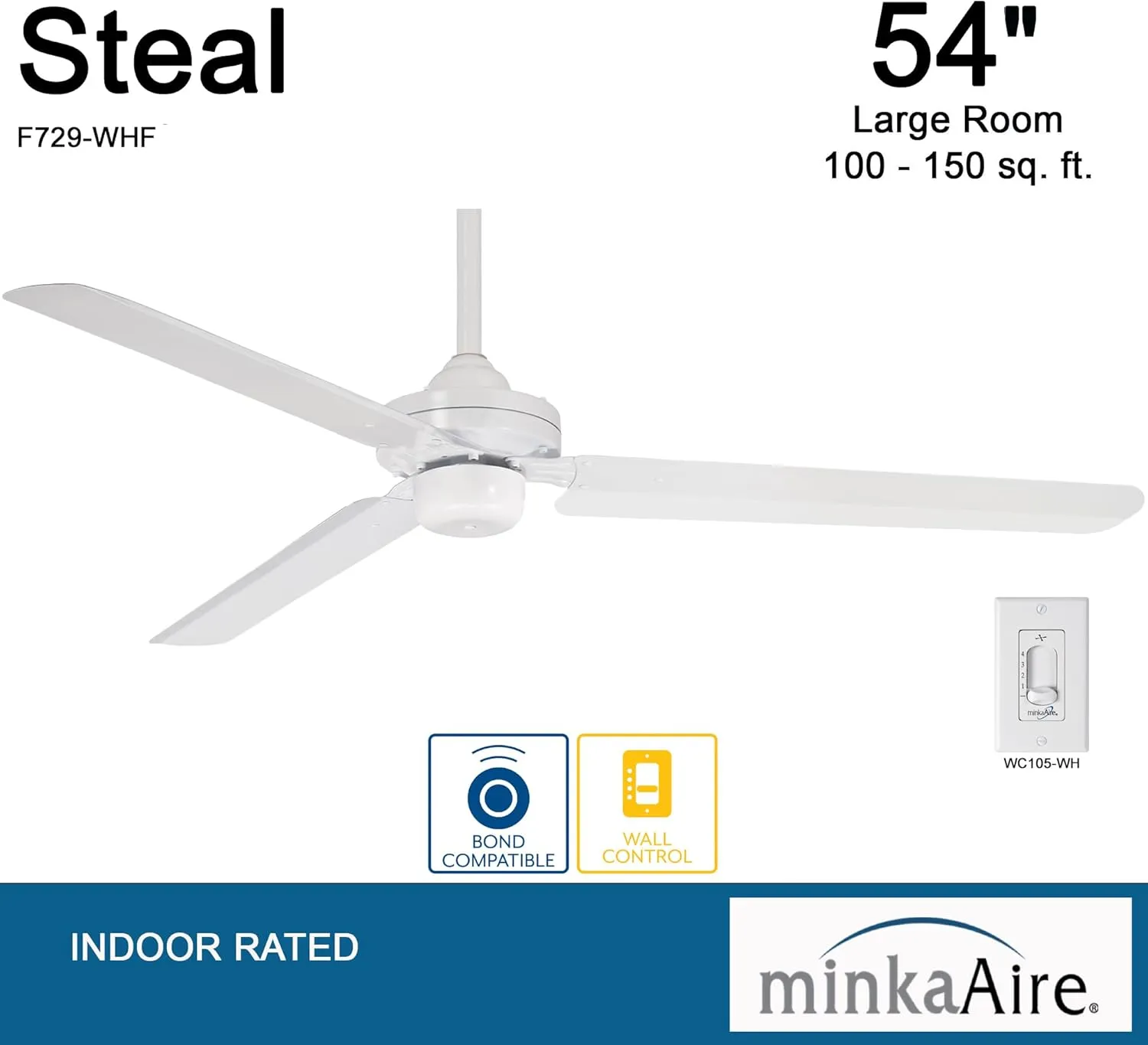 MINKA-AIRE F729-WHF Steal 54 Inch 3 Blade Ceiling Fan in Flat White Finish