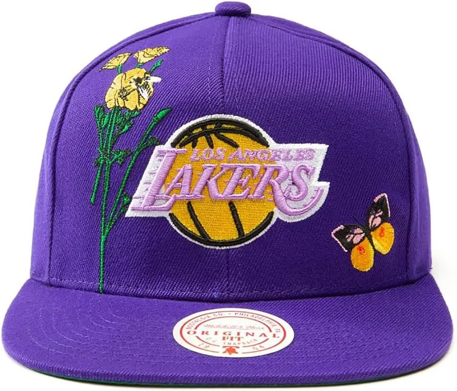 Mitchell & Ness LA Los Angeles Lakers Hardwood Classics State Flower Snapback Hat, Adjustable Cap Purple Gold