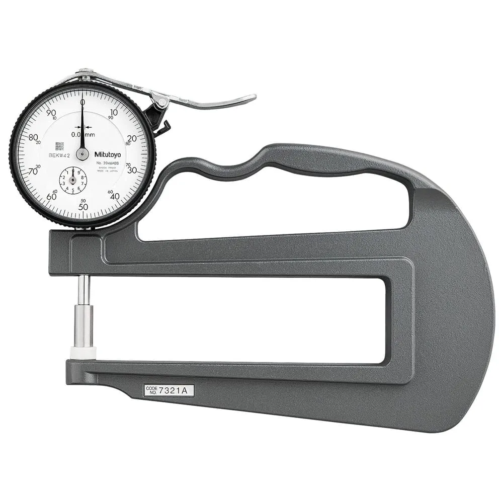 Mitutoyo 7321 Dial Thickness Gage, Flat Anvil, Deep Throat Type, 0-10mm Range, 0.01mm Graduation,  /- 22 micrometer Accuracy