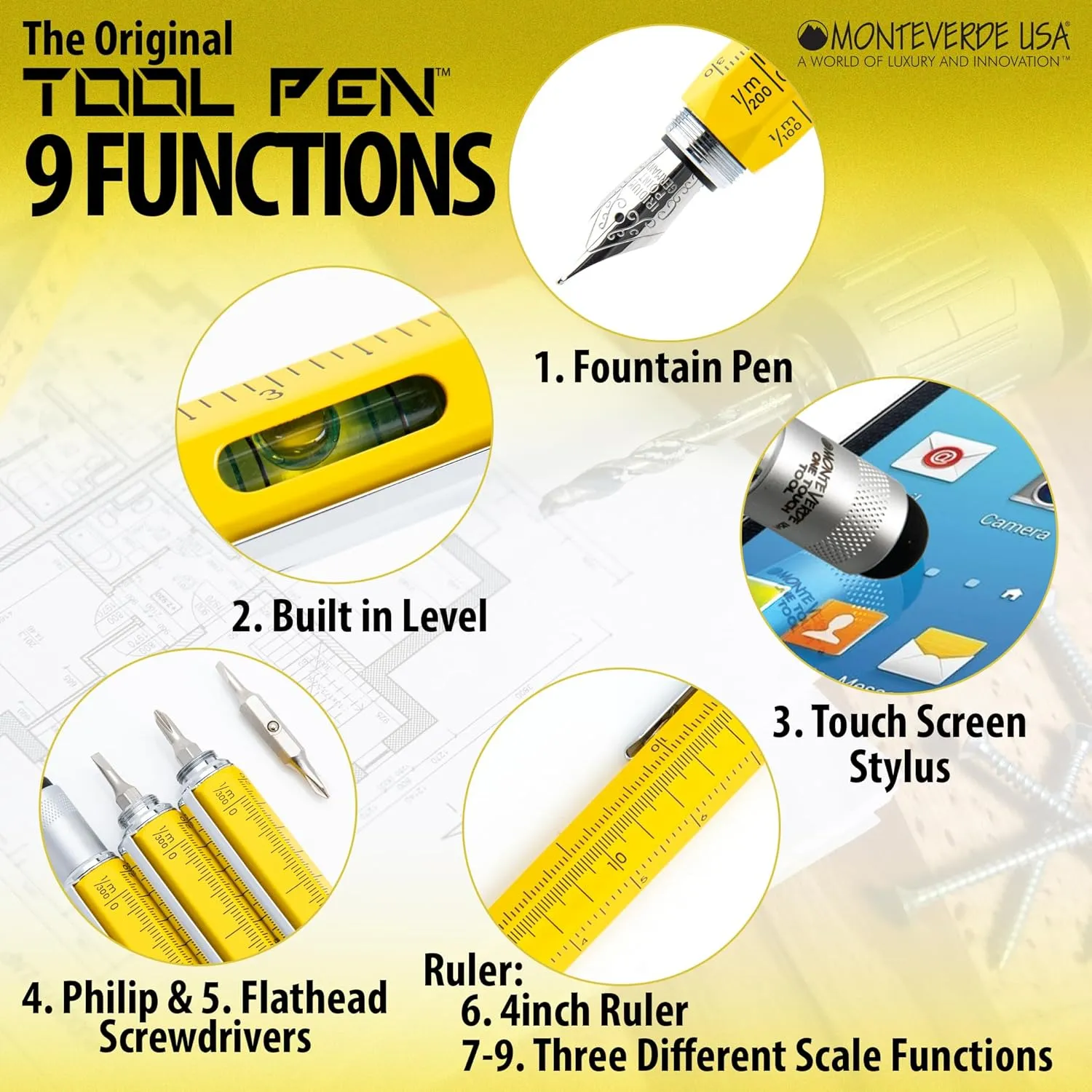 Monteverde USA One Touch Tool Pen, Fountain Pen, Yellow (MV35231),Medium