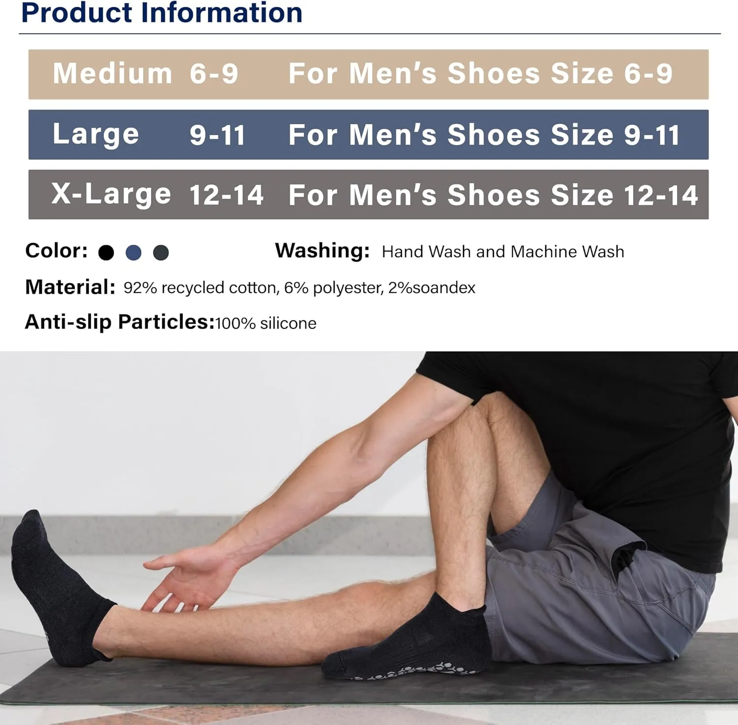 Muezna Men's Non-Slip Yoga Socks, Anti-Skid Pilates, Barre, Bikram Fitness Hospital Slipper Socks with Grips