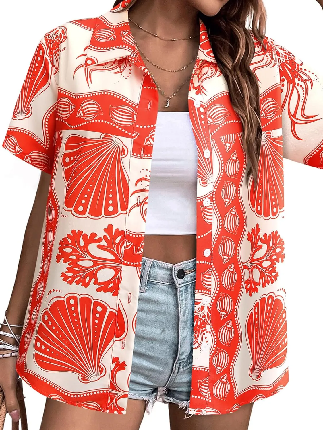 MYMORE ❷⓿❷❺ Womens Hawaiian Shirt Luau Party Tropical Vacation Button Down Shirts Short Sleeve Beach Hawaii Floral Print Top