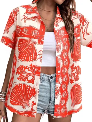 MYMORE ❷⓿❷❺ Womens Hawaiian Shirt Luau Party Tropical Vacation Button Down Shirts Short Sleeve Beach Hawaii Floral Print Top