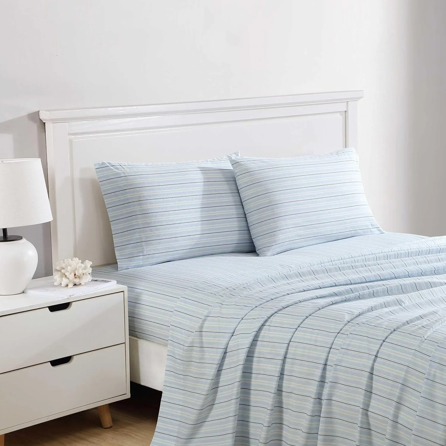 Nautica - Sheets, Cotton Percale Bedding Set with Matching Pillowcases, Crisp & Cool, Deep Pocket (Camp Stripe Blue, Queen)