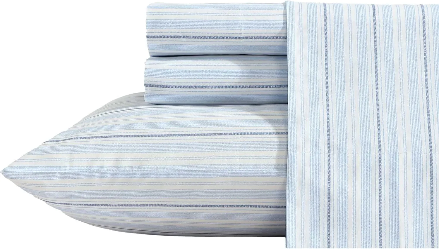 Nautica - Sheets, Cotton Percale Bedding Set with Matching Pillowcases, Crisp & Cool, Deep Pocket (Camp Stripe Blue, Queen)