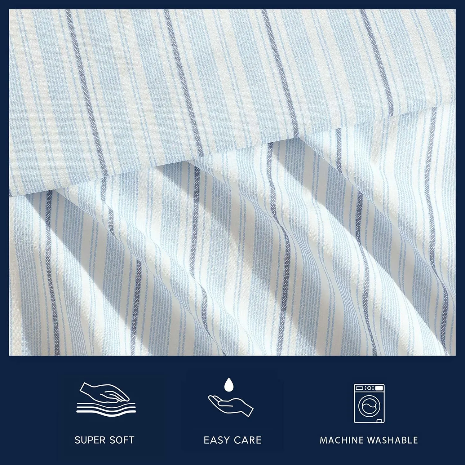 Nautica - Sheets, Cotton Percale Bedding Set with Matching Pillowcases, Crisp & Cool, Deep Pocket (Camp Stripe Blue, Queen)