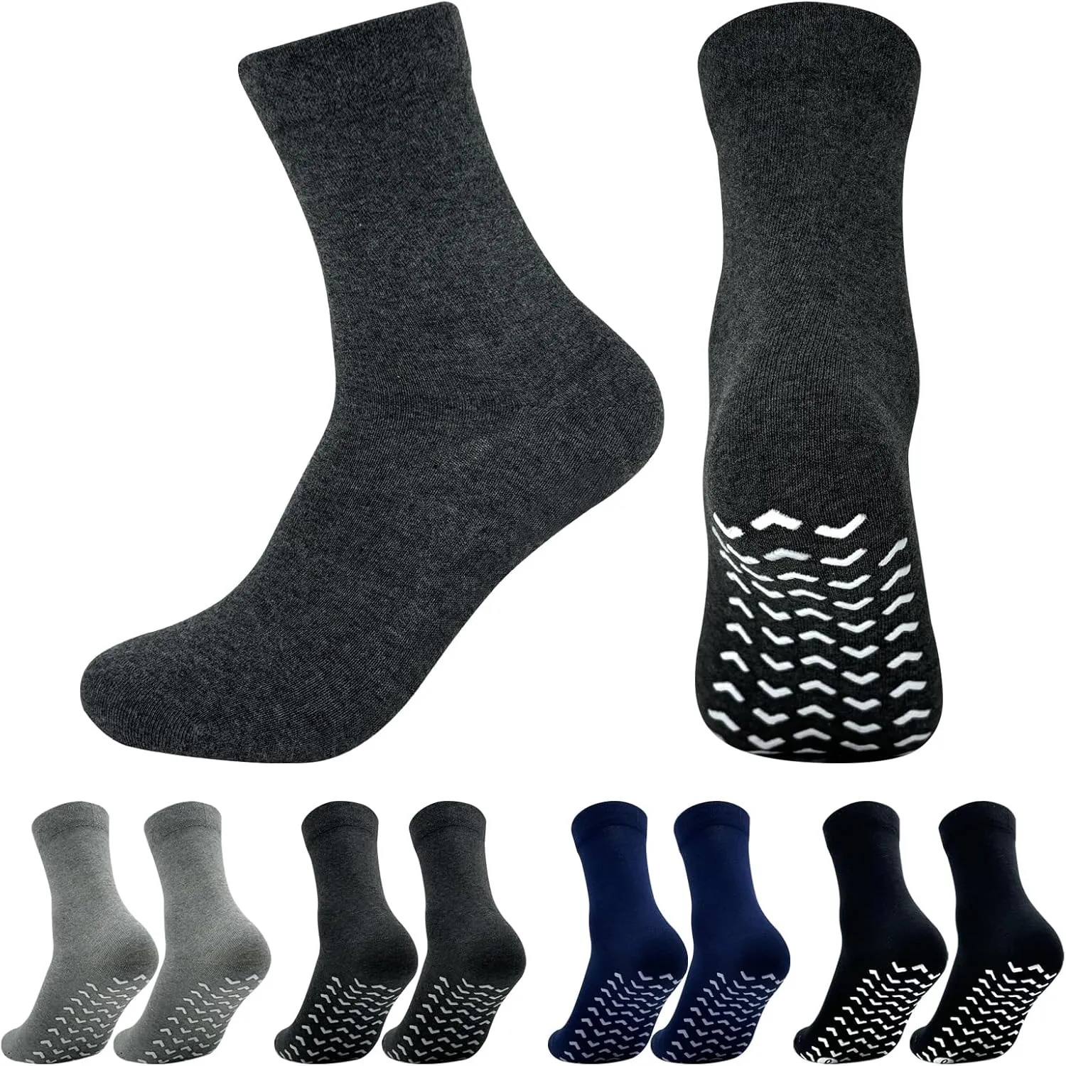 Non Slip Grip Socks for Men - Anti Skid Crew Socks for Women Hospital Grippers Slipper Socks Cotton 9-13 4 Pairs