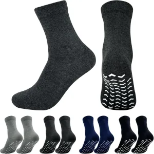 Non Slip Grip Socks for Men - Anti Skid Crew Socks for Women Hospital Grippers Slipper Socks Cotton 9-13 4 Pairs