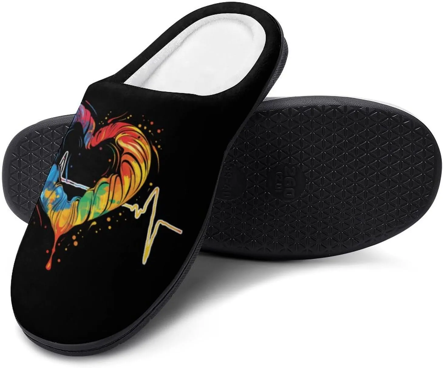 Nurses Tie-Dye Pulse Heart Men's Cotton Slippers Closed Toe House Shoes with Non-Slip Sole for Indoor&Outdoor