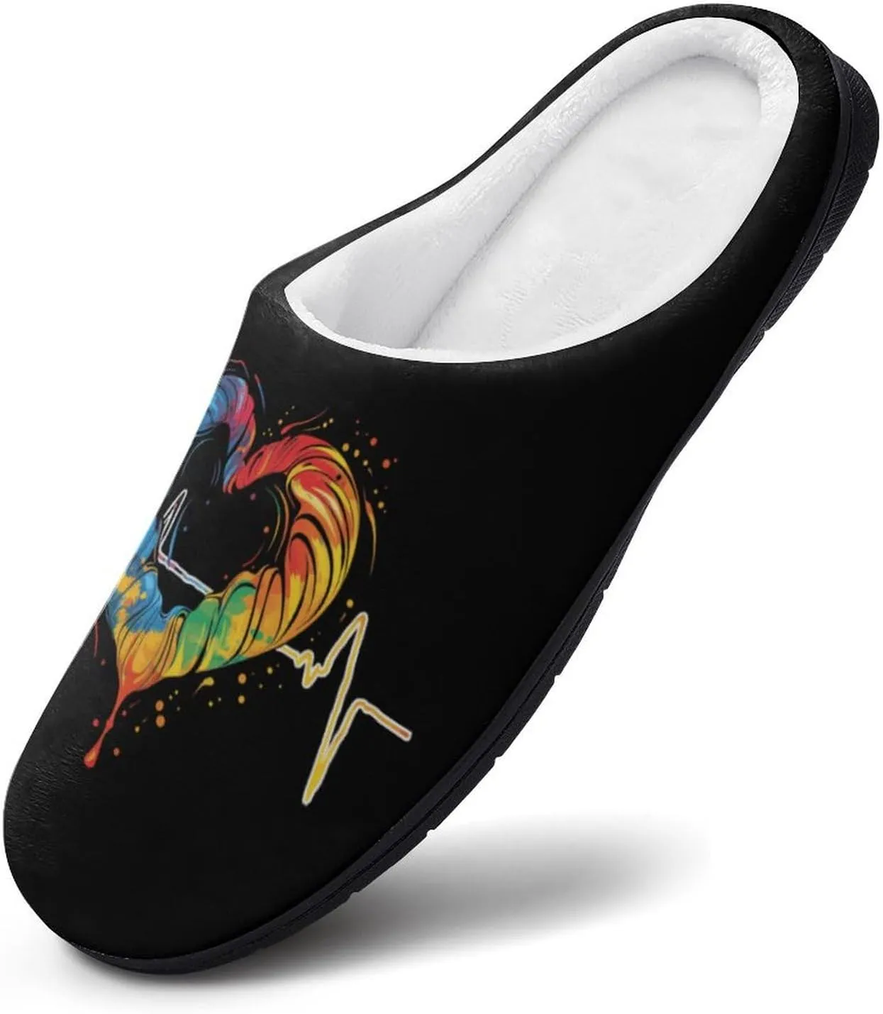 Nurses Tie-Dye Pulse Heart Men's Cotton Slippers Closed Toe House Shoes with Non-Slip Sole for Indoor&Outdoor
