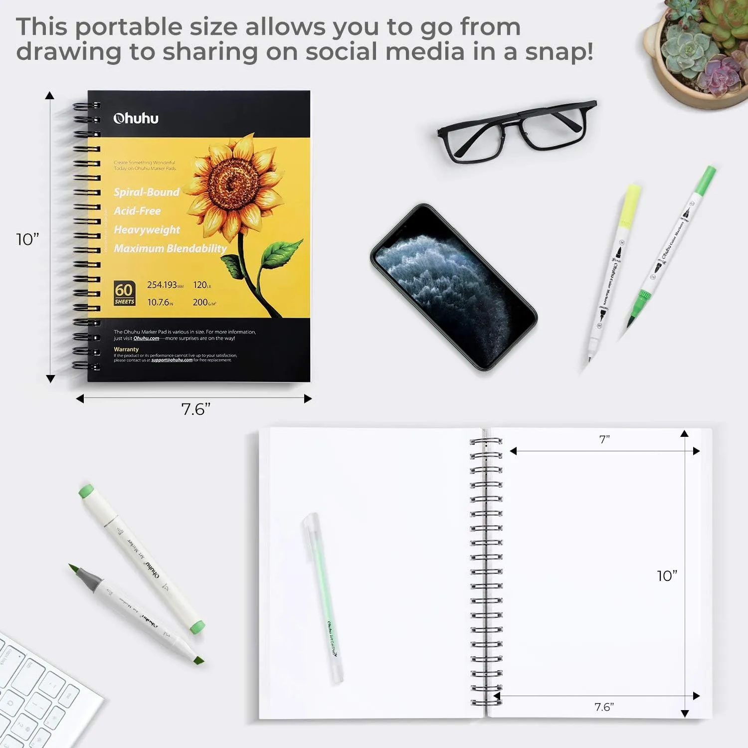 Ohuhu Marker Pads Art Sketchbook, 7.6"x10" Large Paper Size, 120 lb/200 GSM Heavy Smooth Drawing Papers, 60 Sheets/120 Pages, Spiral-Bound Sketch Book for Alcohol Markers Christmas Gift