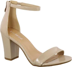 Over the Toe Strap Ankle Wrap Strap Heel Open Toe Medium Heel, Nude Patent, 5.5